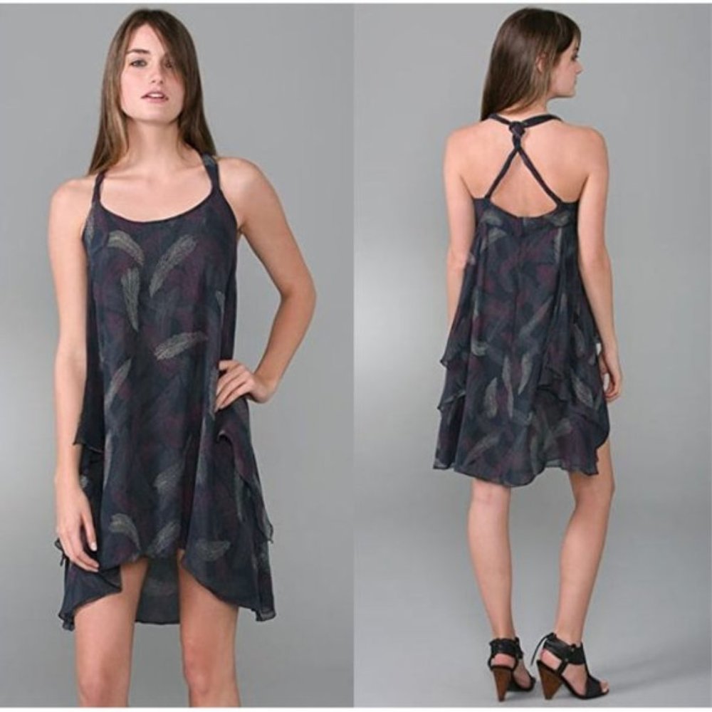 Iro Ritspa Trapeze Dress Blue Feather Silk Chiffon Semi Sheer Racer Back Small